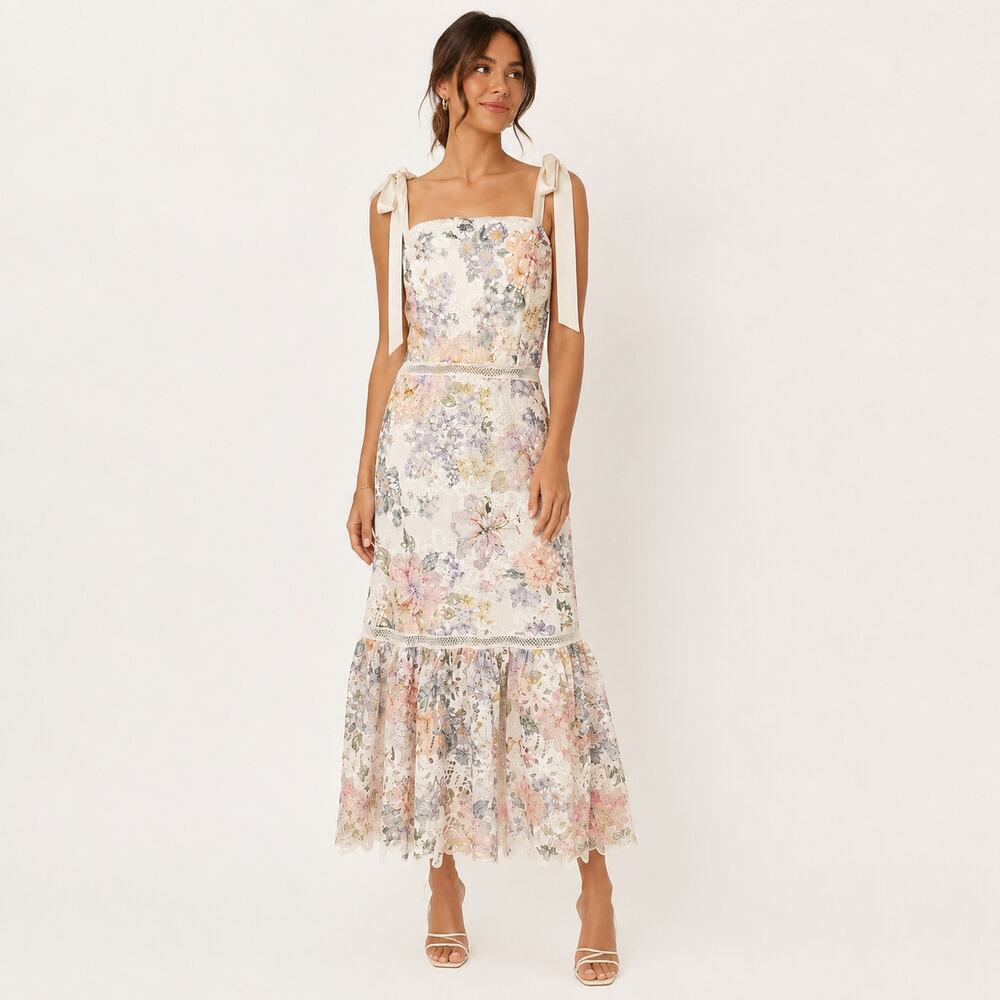 Arose Studio Madison Floral-Lace Tie Strap Sleeveless Midi Dress Size Medium